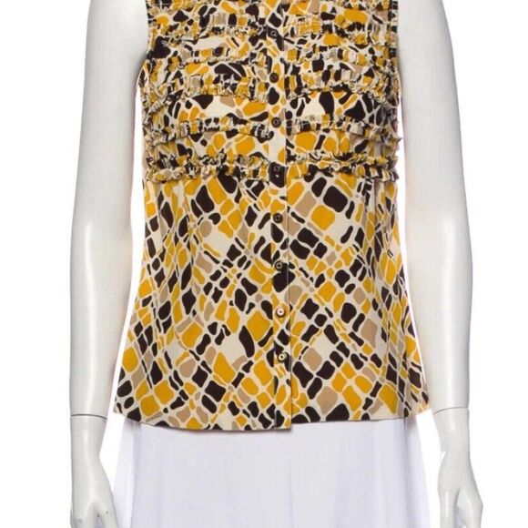 Tory Burch 100% Silk Yellow and Black Ruffled Sleeveless Blouse - Size 10 - Picture 2 of 8